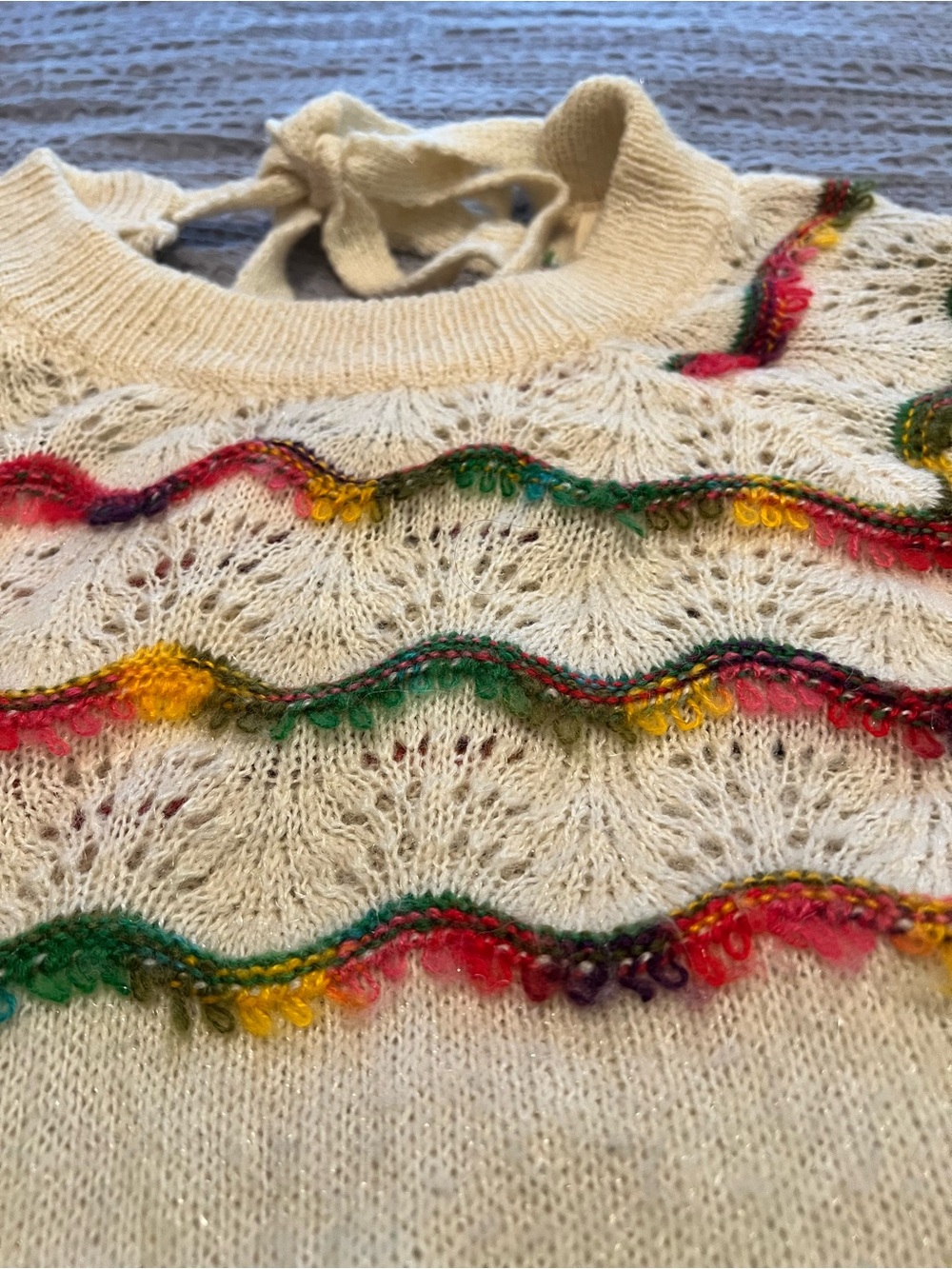 Women's Cream Open-Knit Crewneck Sweater with Multicolor Embroidered Waves